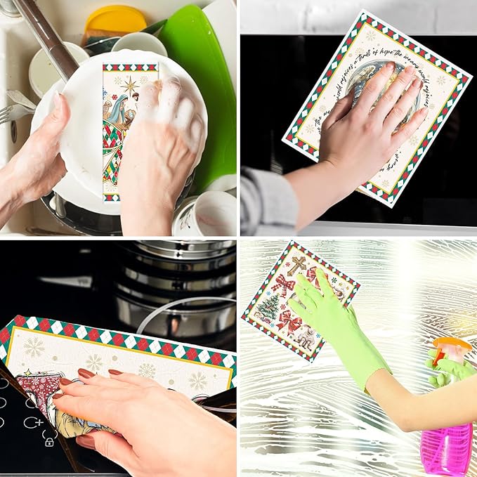Christmas Swedish Dishcloths for Kitchen - 6PCS Nativity Christmas Swedish Cloths for Washing Dishes, Xmas Reusable Dish Towels, Holiday Washable Cleaning Sponge Gifts for Home Fast Drying