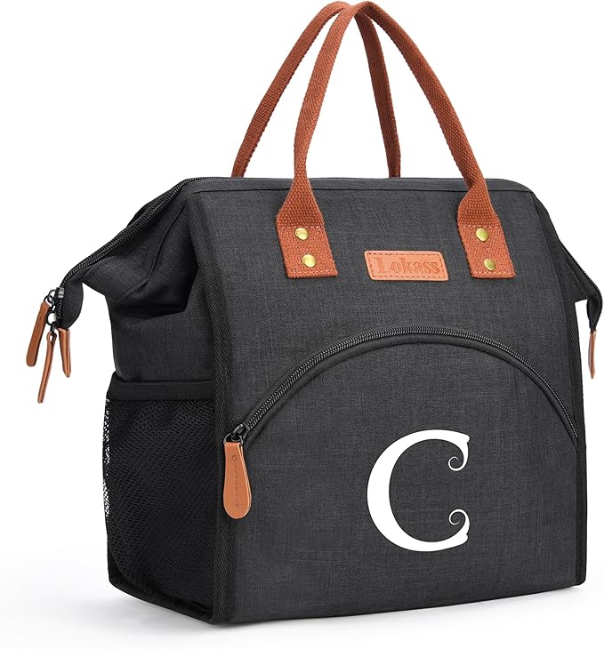 Personalized Lunch Box for Women, Initial Reusable Insulated Lunch Bag, Wide-Open Adult Lunchbox Cooler Lunchbag Snack Organizer, Initial Leakproof Lunch Tote Bag for Picnic Work Outdoors Black - C