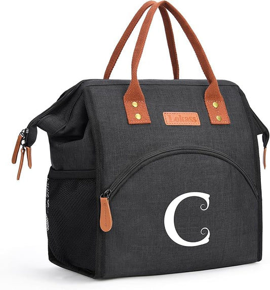 Personalized Lunch Box for Women, Initial Reusable Insulated Lunch Bag, Wide-Open Adult Lunchbox Cooler Lunchbag Snack Organizer, Initial Leakproof Lunch Tote Bag for Picnic Work Outdoors Black - C