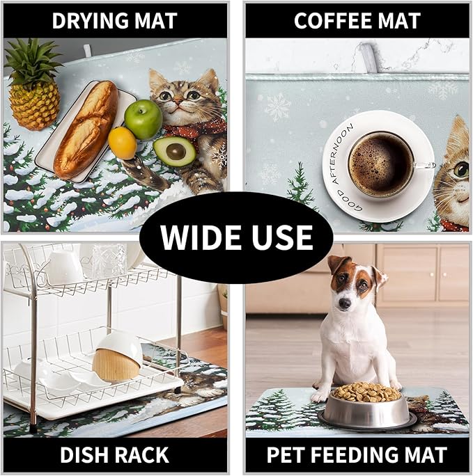 Cat Snow Pine Tree Winter Kitchen Dish Drying Mat 16x18 Inch Cute Kitten Animal Dish Mat Christmas Holiday Super Absorbent Dish Drying Pads Microfiber Dish Drying Mat for Kitchen Counter Sink
