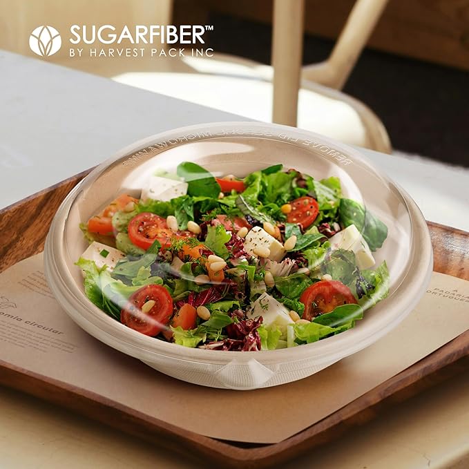 [500 COUNT]Harvest Pack PFAS FREE 32oz Compostable Round Paper Bowls with Dome Lids - Heavy-Duty Eco-Friendly Disposable Bagasse Salad Bowl Sugarcane made plant fibers for Meal Prep