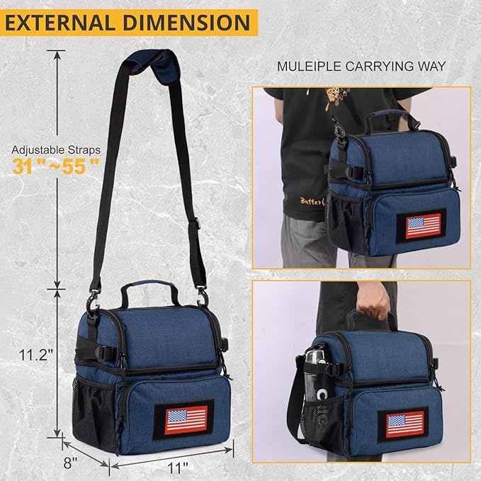 ATRIPACK 2 Compartment Lunch Bag for Men Adult, Tactical Lunch Box Leakproof Insulated Large Cooler Bag for Work with Adjustable Shoulder Strap Flag Double Layer Lunch Pail（Blue）