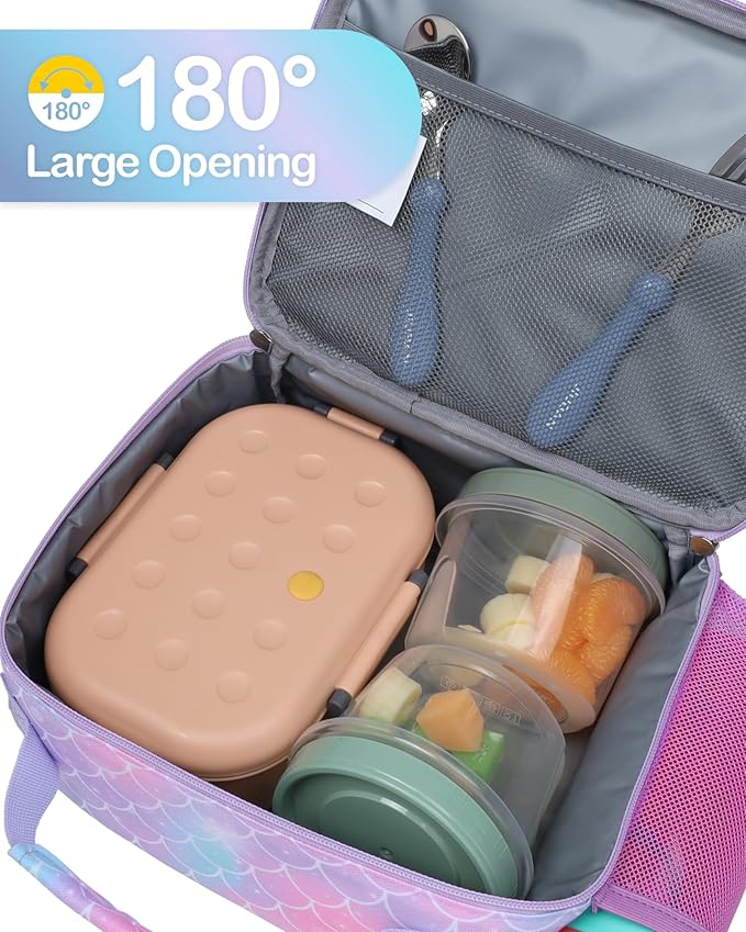 Bagseri Lunch Bag for Girls - Kids Lunch Box for Girls Reusable Leak-Proof and Insulated Kids Lunch Bag Toddler Lunch Box for Daycare and School, Glitter Mermaid Scale (Water Bottle Not Included)