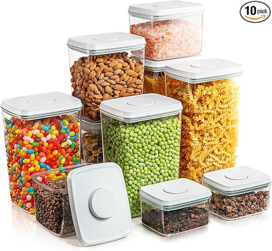 Airtight Pop Food Containerswith Lids, 10 PCS Kitchen and Pantry Organization Canisters for Cereal, Dry Food, Sugar, Snack, Flour, Spaghetti