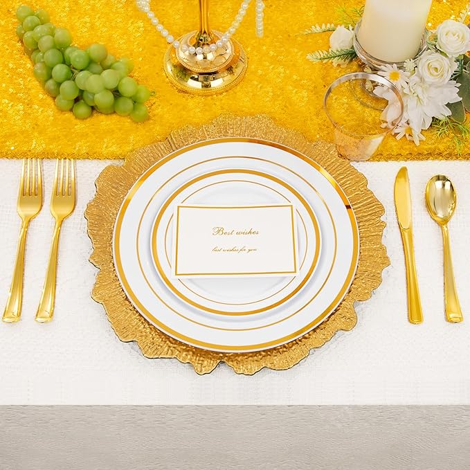 150 PCS Gold Disposable Dinnerware Set for 25 Guests, Gold and White Plastic Plates for Party, 25 Dinner & Salad Plates, 25 Cups, 25 Forks Knives Spoons for Wedding and Party Supplies