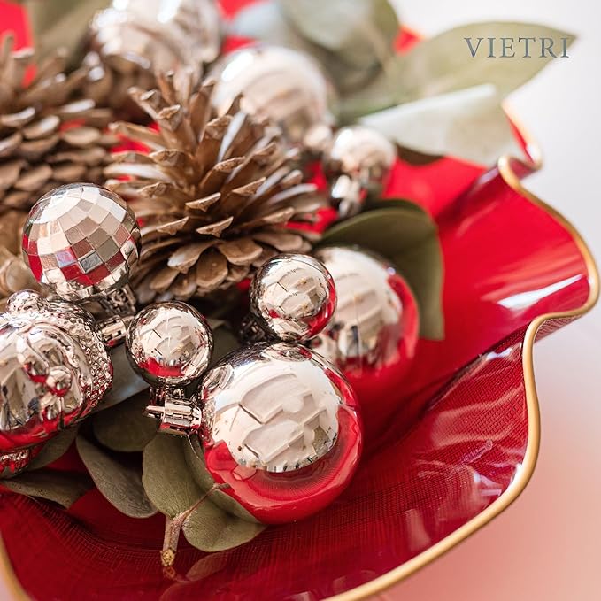 Vietri Holiday Glass Medium Ruffled Bowl, 12"D Red/Gold Decorative Christmas Serving/Mixing Dish