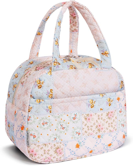 Quilted Lunch Box for Women,Insulated Cute Reusable Lunch Bag with Front Pocket,Pink Flower Stylish Lunch Tote Bag for Work, Office,Picnic, Travel,School (coloful floral)