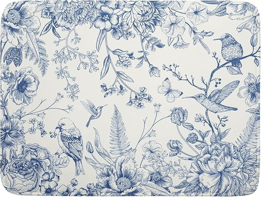 Chinoiserie Flowers Dish Drying Mat for Kitchen Counter, 18x24 Inch Vintage Blue Floral Birds Ultra Absorbent Reversible Dish Drainer Mats Plate Holder