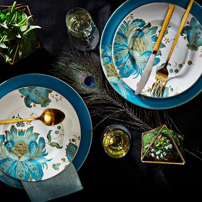 222 Fifth 16-Piece Porcelain Dinnerware Set for 4, Elegant Floral Plates and Bowls Sets-White, Teal, Gold Ceramic Dishes, Chip Resistant Kitchen and Dining Dish Set, Microwave & Dishwasher Safe, Eliza
