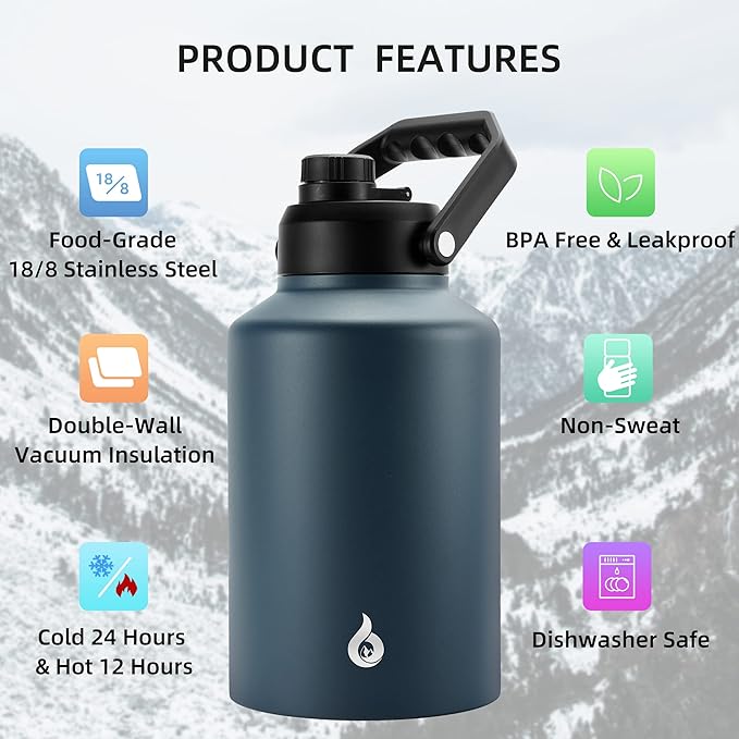 BJPKPK One Gallon(128 oz) Insulated Water Bottle, Dishwasher Safe Stainless Steel Thermo, BPA Free Jug with Ergonomic Handle & Anti-slip Bottom, Large Water Bottle, Navy Blue
