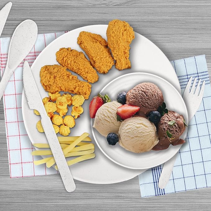 Wrova Wheat Straw Plate and Bowl sets with cups and cutlery set of 64 - Unbreakable Dinnerware service for 8 - Microwave and Dishwasher safe dish sets for kitchen,indoors and out doors.White