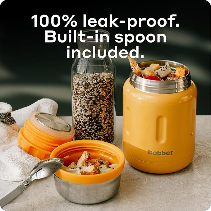 BOBBER 24 oz Insulated Stainless Steel Food Jar with Extra-Wide Mouth, Built-in Spoon & Bowl - Keeps Hot for 14 Hours and Cold for 20 Hours - Leakproof Lunch Thermos for Adults (Orange)