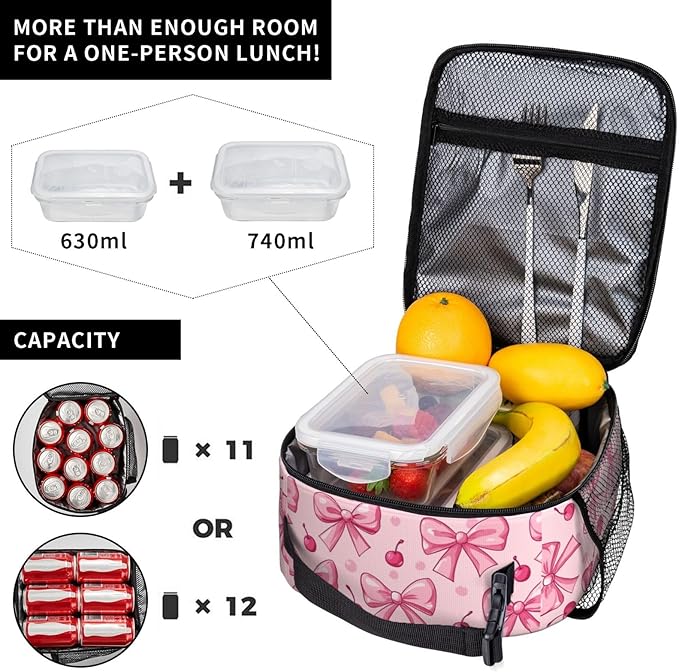 SUPLUCHOM Lunch Bag Pink Bows Cherry Insulated Bento Box Cooler with Side Pocket for Girl Boy Women Men Work School Picnic Hiking Daytrip