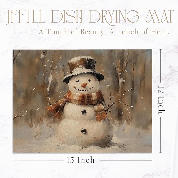 Winter Christmas Snowman Dish Drying Mat, Vintage Xmas Holiday Absorbent Dish Drainer Reusable Washable Drying Mat Pad for Kitchen Counter, Rustic Christmas Decor, 12×15 Inch