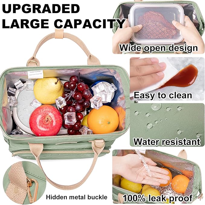 AIJIEKE Lunch Bag for Women, Large Lunch Box for Work Insulated Lunch Bag, Adult Leak Proof Lunch Tote Cooler Bag with Side Pockets & Adjustable Strap, Lunch Purse for Picnic Beach, Green