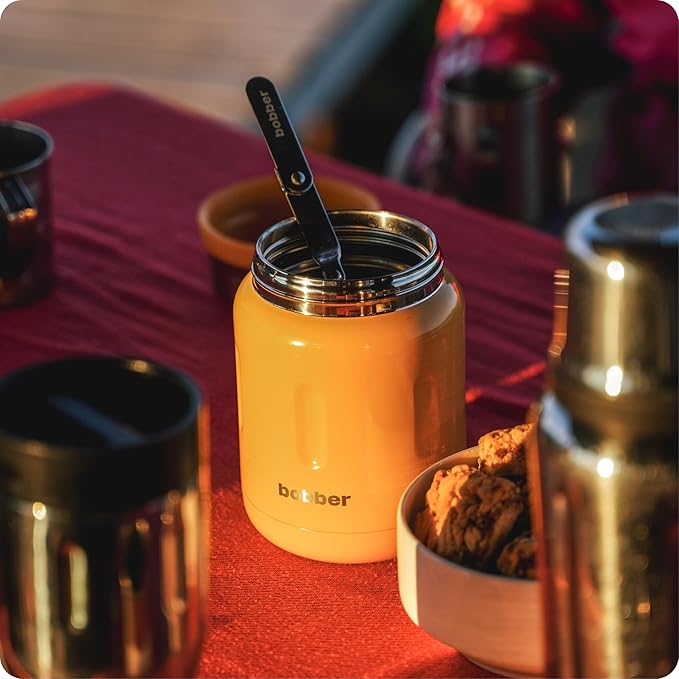 BOBBER 24 oz Insulated Stainless Steel Food Jar with Extra-Wide Mouth, Built-in Spoon & Bowl - Keeps Hot for 14 Hours and Cold for 20 Hours - Leakproof Lunch Thermos for Adults (Orange)