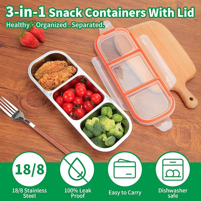 Stainless Steel Snack Containers, 3-Compartment Metal Snackle Box for Kids & Adults, Clear Reusable Condiment Box with Lids, Divided Food Storage Container for School, Work, Home & Travel