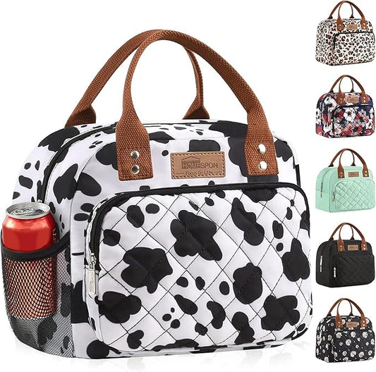 Buringer HOMESPON Lunch Bag for Woman Man Adults with Front Pocket Insulated Lunch Tote Lunch Box Container for Work Picnic or Travel（Cow with Side Pockets）