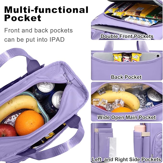 AIJIEKE Insulated Lunch Bag for Women, Lunch Box, Lunch Tote for Work, Large Leak Proof Cooler Bag with Removable Strap, Adult Reusable Lunchbag for Picnic Office Beach, Light Purple
