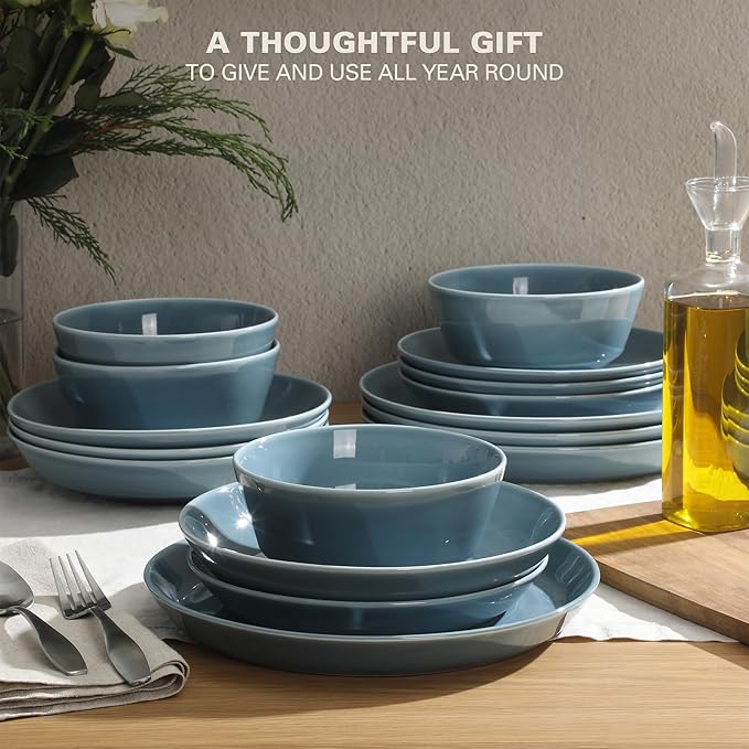 Gibson Home Summer Shades 16 Piece Plates and Bowls Dishes Service for 4 Porcelain Dinnerware Set - Blue