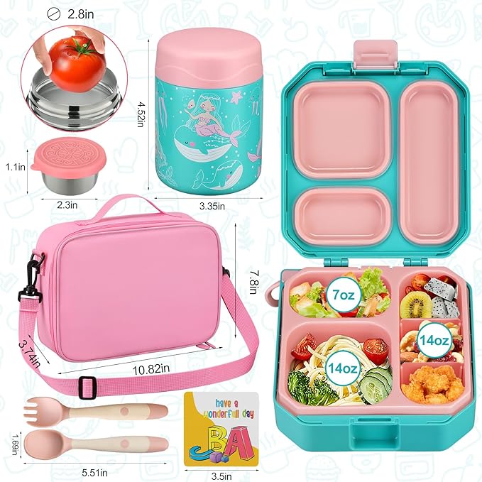 Bento Lunch Box for Kids with 12oz Soup Thermo Leak-Proof Lunch Food Container with 5 Compartment Thermo Hot Food Jar and Insulated Lunch Bag for Kid Toddler Girls Boys to School
