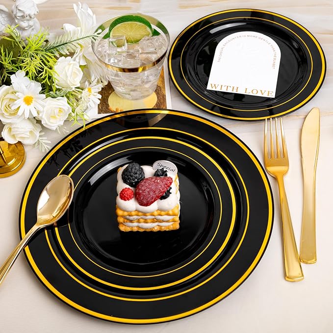 bUCLA 600PCS Black and Gold Disposable Dinnerware Set - Black Plastic Plates Disposable for Party Include 100 Dinner&100 Dessert Plates,100 Knives,100 Forks,100 Spoons,100 Cups for Party & Halloween