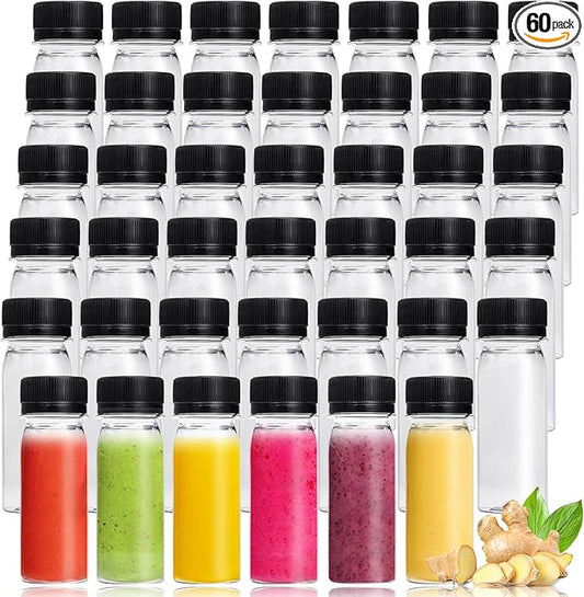 60 Pcs 2 Oz Small Plastic Bottles for Liquids,Ginger Shots Bottle with Cap,Mini Travel Containers for Juice,Liquids,Whiskey,Milk(Black)