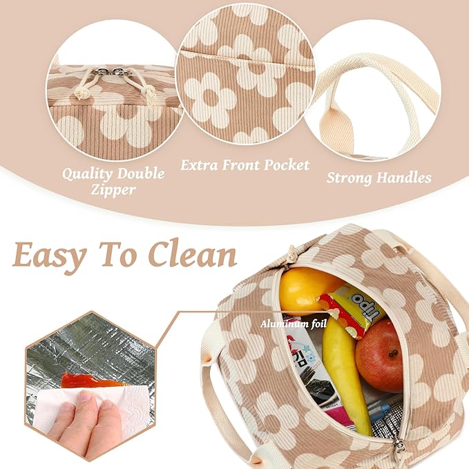 Bluboon Lunch Bag for Women Men Cute Corduroy Lunch Tote Bags Reusable Insulated Lunch Box Large Capacity Reusable Insulated Cooler for Work Picnic or Travel