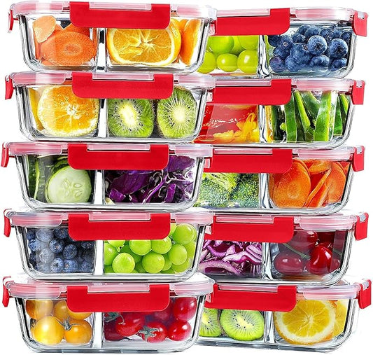 VERONES 10 Pack Glass Meal Prep Containers 2 Compartment Set, 36OZ Airtight Lunch Containers, Glass Food Storage Containers with Lids, for Microwave, Oven, Freezer & Dishwasher Friendly,Red