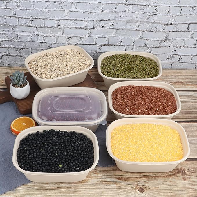 44 oz Disposable salad bowls with lids, Sugarcane Fiber Paper Bowls take away Bagasse food containers meal prep deli container 50 Pack