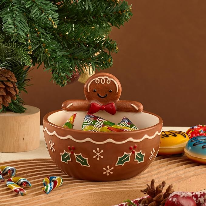 Bico Gingerbread Man Stoneware Hand Painted 17oz Candy Bowl, for treats, jam, sauce, snacks, Microwave and Dishwasher Safe