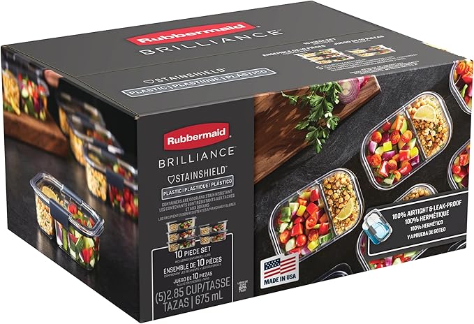 Rubbermaid Brilliance Meal Prep Containers, 2-Compartment Food Storage Containers, 2.85 Cup, 5-Pack, BPA-Free, Clear/Grey
