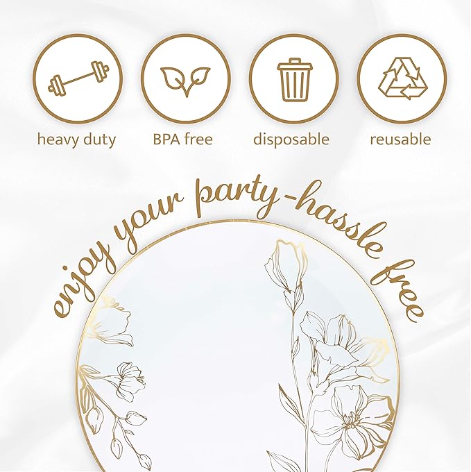 PLASTICPRO White Plastic Floral Design Party Plates With Gold Rim Premium heavyweight Elegant Disposable Tableware Dishes (120, 10'' INCH PLATES)
