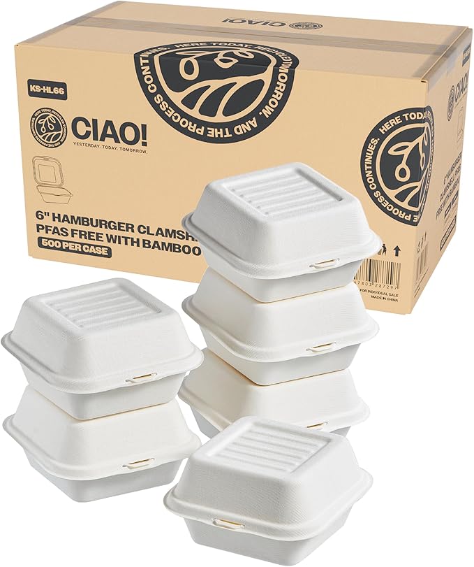 CIAO! 6"x6"x3" Clamshell 1 Compartment 100% Compostable Ecofriendly PFAS Free Unbleached Bagasse Natural White (500/case)