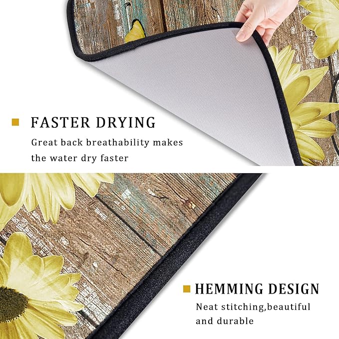 Rustic Daisy Dish Drying Mat for Kitchen Countertop 18x24 inch Yellow Sunflowers on Wooden Board Dish Drainer Mats Fast Drying Country Vintage Style Shabby Chic Flower Dish Drying Pad Decor Large