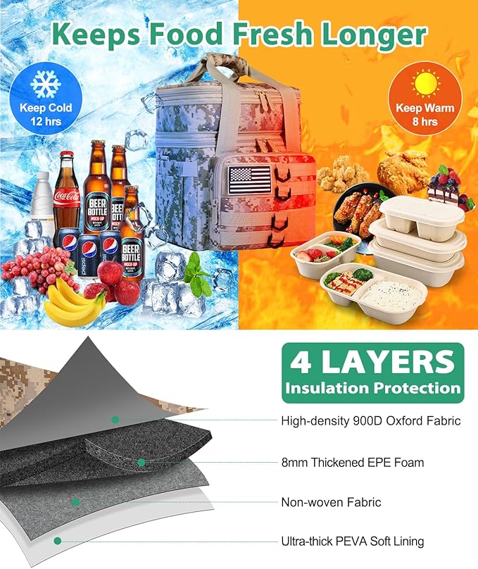 Tactical Lunch Box for Men, Large Insulated Lunch Bag for Adult, Heavy Duty Double Deck Expandable Lunch Cooler Bag with American Flag, Leakproof Soft Lunch Pail for Work Office Camping - Camo khaki