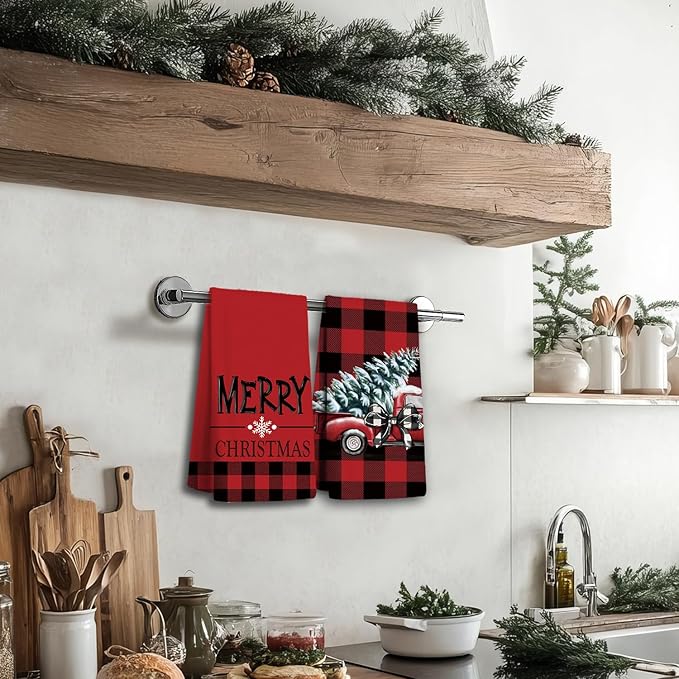 Christmas Kitchen Towels,Red Christmas Dish Towels Set of 2,Buffalo Check Plaid Tea Towels for Kitchen,Christmas Hand Towels for Bathroom,Gifts for Women,Housewarming Gifts 16×24 Inches