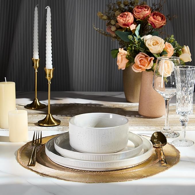 E-far 16 Piece Dinnerware Sets, Plates and Bowls with Pasta Bowls Service for 4, Modern Stoneware Ribbed Dishes for Kitchen Dining, Microwave & Dishwasher Safe, Speckled White
