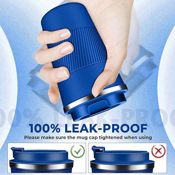 Insulated Coffee Tumbler 12 oz, Stainless Steel Coffee Mug with Lids, Travel Coffee Mug Leak Proof, Double Wall Vacuum Insulated Reusable Coffee Cup, Keep Drinks Hot and Cold (Deep Azure, 12 Ounces)