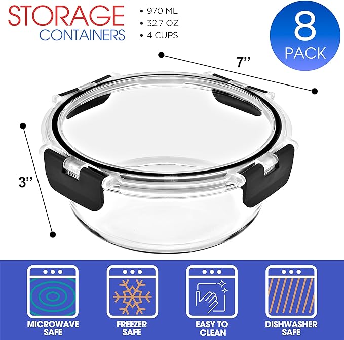 Sorbus 16pc Glass Meal Prep Containers Set – 8 Round 32oz Containers with Airtight Lids – Freezer, Dishwasher, Oven Safe – Reusable Food Storage Bowls, 4 Cup Capacity for Meal Prep and Storage