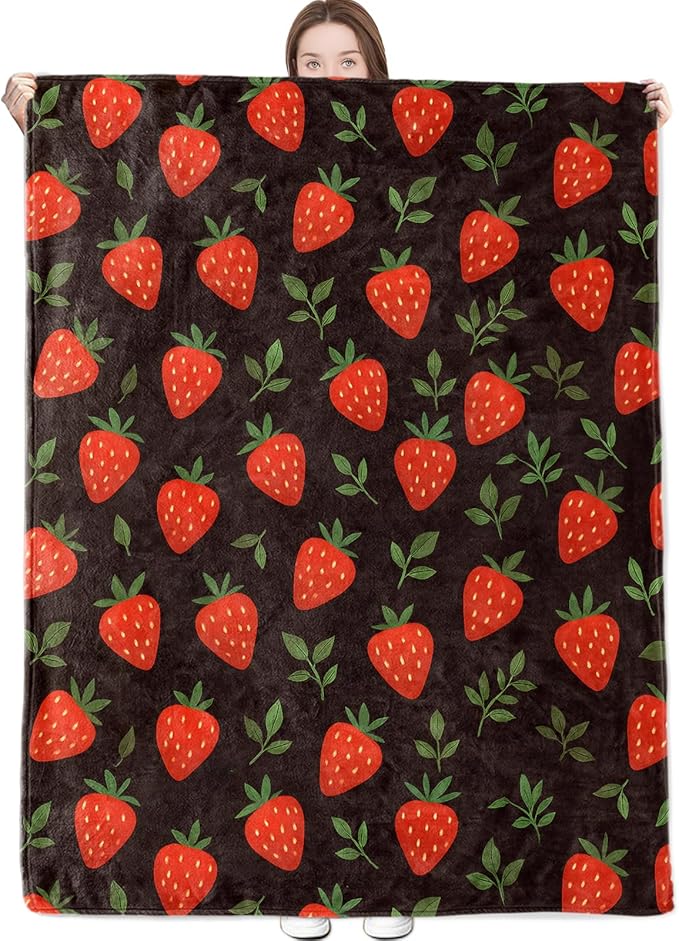Strawberry Blanket Sweet Red Fruit and Leaf on Black Background Throw Blankets Lightweight Flannel Throws for Camping Couch Chair Office Bed Home Decor Gifts for Adults,80x60inch