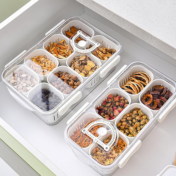 shopwithgreen Divided Serving Tray with Lid, Portable Snack Box Charcuterie Veggie Tray with Lid, Food Storage Organizer with 8 Colandersfor Fruit, Vegetable, Refrigerator, Kitchen, Party, Picnic