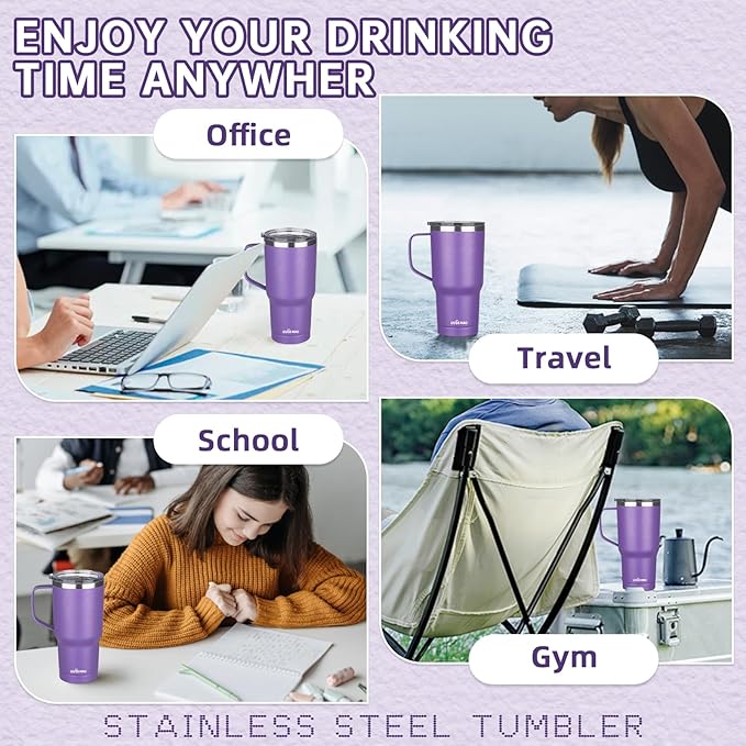 20 oz Insulated Coffee Mug with Ceramic Coating, Stainless Steel Travel Mug Tumbler with Handle Lid and Straw, Double Wall Leak-Proof Coffee Travel Mug Keeps Drink Hot and Cold (Purple)