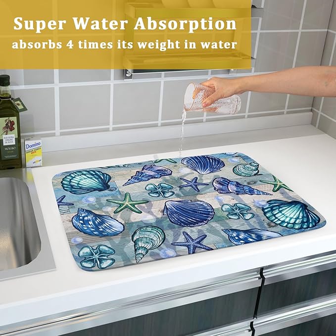 Starfish Seashell Dish Drying Mat 18x24 inch Coastal Beach Dish Drainer Rack Pad Absorbent Microfiber Fast Dry Kitchen Counter Accessories