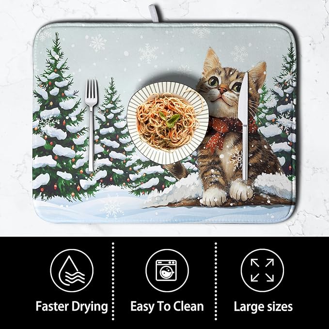 Winter Cat Dish Drying Mat for Kitchen Counter 18x24 Inch Cute Kitty Snow Pine Tree Dishes Drying Mats Large Microfiber Absorbent Dish Rack Pad Fast Dry Dish Mat for Coffee Bar Sinks Home Accessories