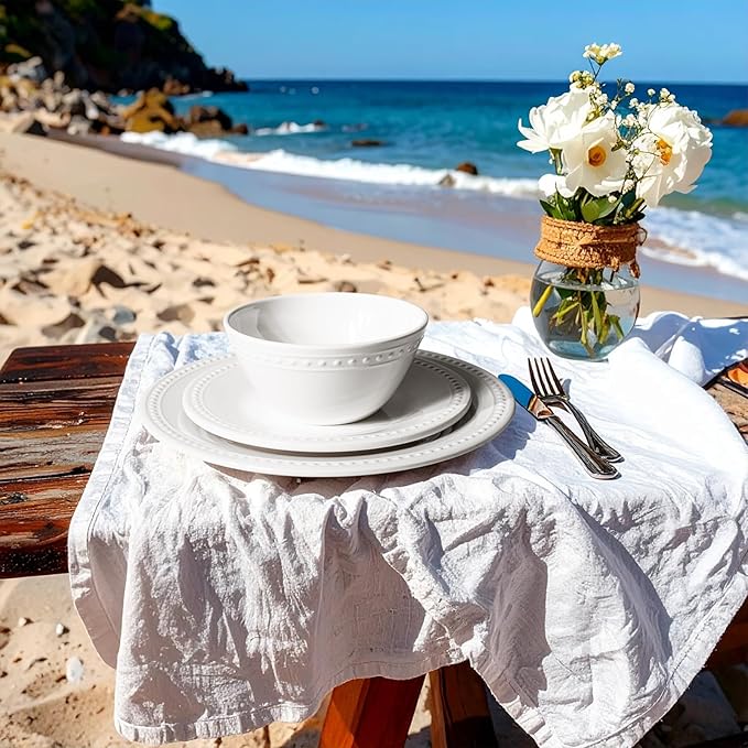 Basic White Melamine Dinnerware Sets,12 Pieces Dishes Set, Lightweight Unbreakable, BPA Free,Kitchen Plates and Bowls set, Indoor Outdoor Dining,Dishwasher Safe, Not Microwave