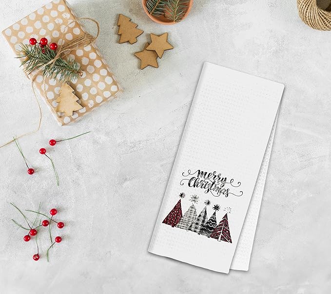 Vintage Christmas Tree Kitchen Towels, Merry Christmas Dish Tea Towels for Kitchen, Red Black and White Plaid Xmas Tree Decorative Hand Towel for Bathroom, 16x24 Inch