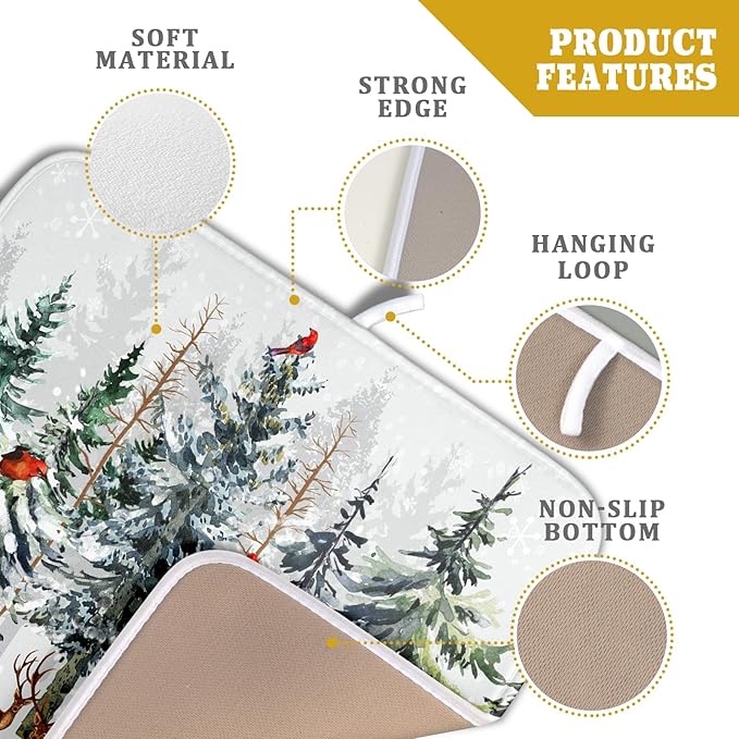 Pine Tree Dish Drying Mat for Kitchen Counter 16x18 Inch Forest Deer Absorbent Dishes Drainer Mats Reversible Microfiber Quick Dry Rack Pad