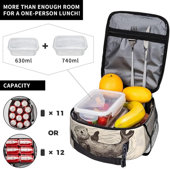 Cheerful Otter Lunch Box for Women Men, Insulated Lunch Box, Reusable Lunch Bag for Office, Work, Picnic, Travel