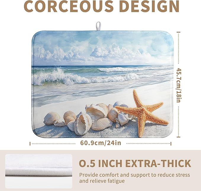 Summer Beach Dish Drying Mat for Kitchen Counter Starfish Coastal Shells Kitchen Dishes Dryer Pad Absorbent Matt Microfiber Washable Foldable Reusable Large 18x24 in